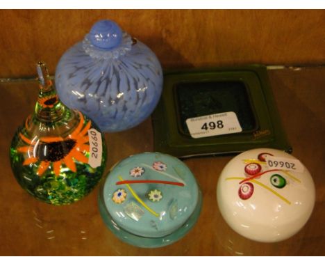 2 Art glass paperweights and another, scent flask, etc., (5).