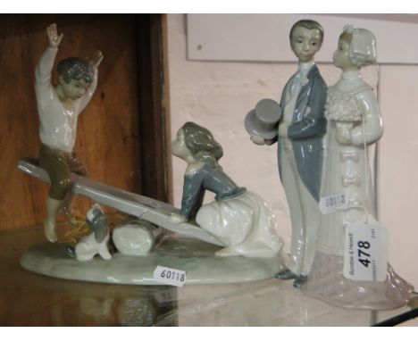 Lladro bride and groom and Lladro children on a seesaw and a Lladro book.