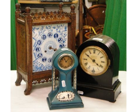 Carved pine mantel clock with blue and white dial and 2-train movement, another by Klevser of London, and an Art Nouveau smal