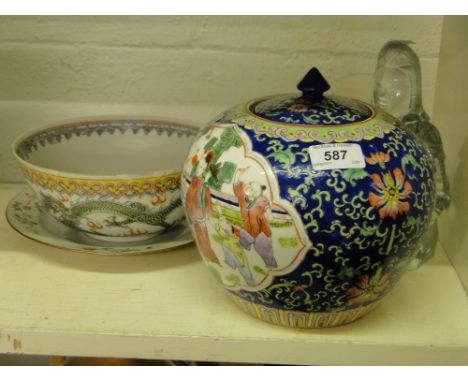 Oriental jar and cover, a moulded glass Buddha figure, a Chinese bowl and plate, (4).