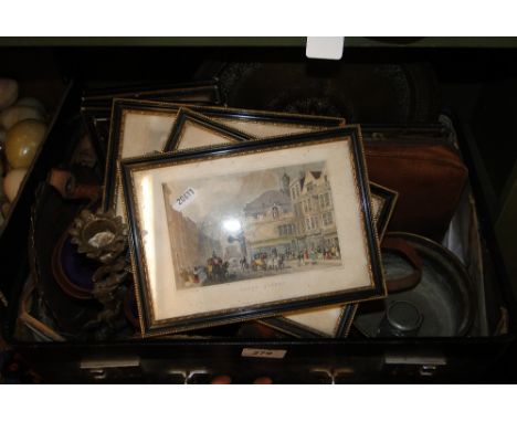 Framed prints, binoculars, candlestick etc.