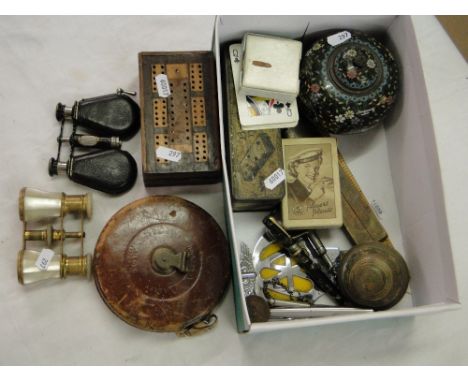 Opera glasses, cloisonne pot, dominoes, cribbage board, etc.