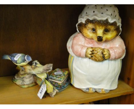 Coalport bluetits group, Mrs Tiggy Winkle biscuit jar and enamelled dish and a Chinese box, (4).