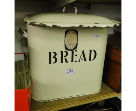 Enamelled bread bin, a tea caddy, padlock, etc.
