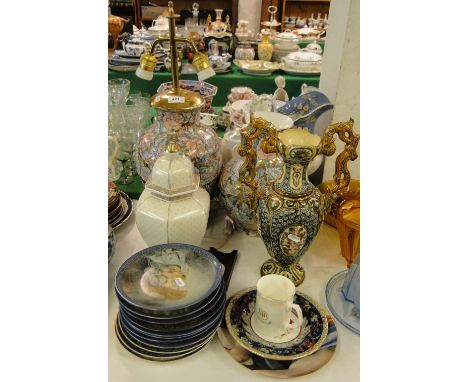 Oriental table lamp and matching vase, Majolica vase, Collector's plates, etc.