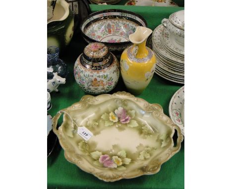 A pair of Chinese bowls with armorial designs, matching ginger jar, a Satsuma vase and a Staffordshire 2-handled serving dish