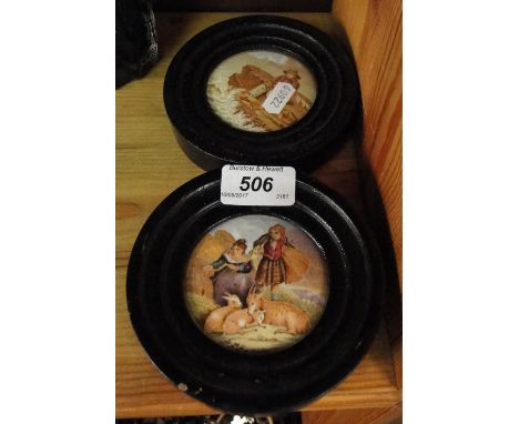A pair of framed Victorian polychrome Prattware pot lids