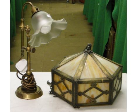 A Vintage brass desk lamp and a hexagonal Tiffany style lamp shade.