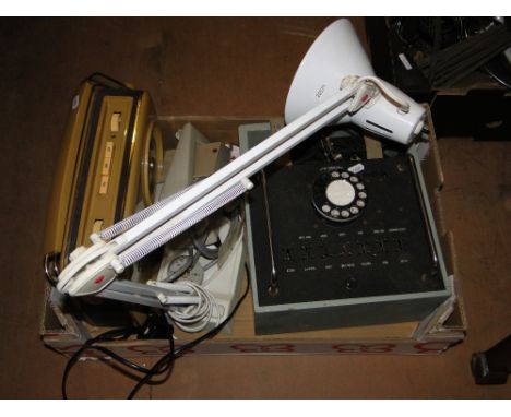 A Bush portable radio, telephone, angle poise lamp, etc.