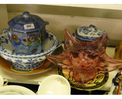 Victorian Willow pattern sauce tureen and cover on stand, owl design dish, Rubian jar and cover, etc.