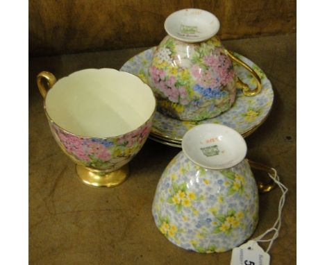 3 Shelley Chintz cups and saucers in "Rock Garden" and "Primrose Chintz" patterns.