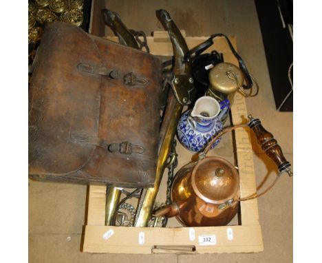 Briefcase, copper kettle, miners lamp, etc.