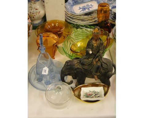 Art Deco blue glass liqueur set on tray, 1930s glassware and an elephant.
