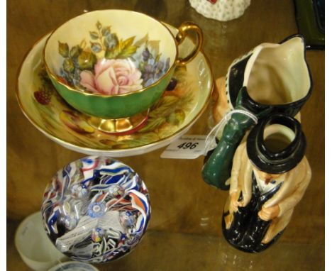 Caithness paperweight, 2 Doulton Character jugs and an Aynsley cabinet cup and saucer.