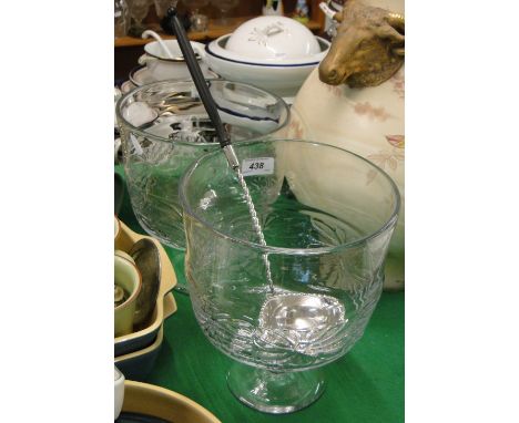 2 Embossed glass pedestal punch bowls with flowerhead designs and a Mappin & Webb silver plated punch ladle.