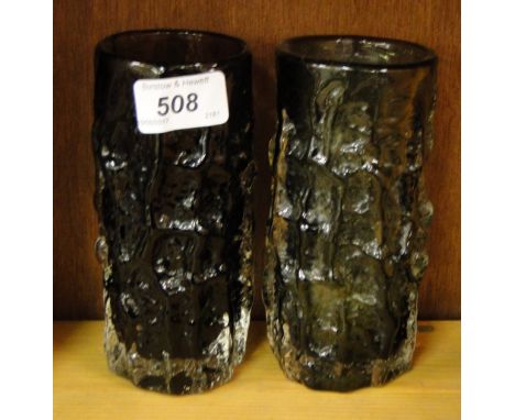 A Poole Pottery dish and a pair of Whitefriars Geoffrey Baxter grey bark vases.