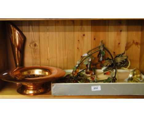 An unusual ceiling light fitting with glass fruit decoration and 2 South African copper items.