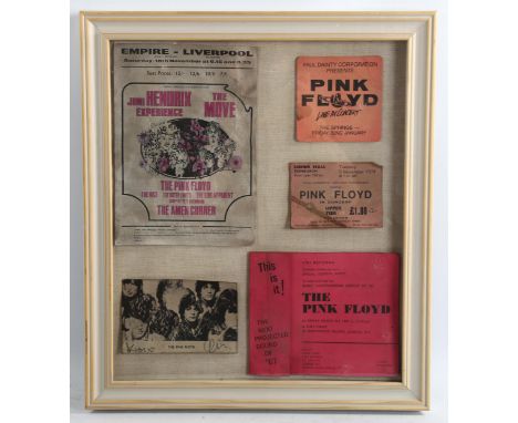 Pink Floyd, group of concert memorabilia programmes and tickets mounted in single frame, overall frame dimensions 47cm x 41cm