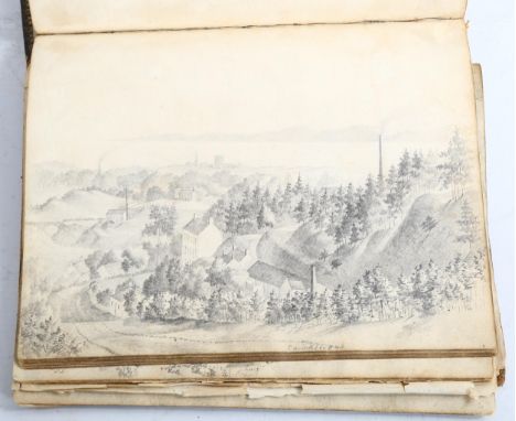Mary Drew, 19th century leather-bound sketch album containing pencil drawings, including buildings and landscapes near Belfas