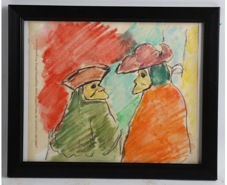 John Bratby, crayon sketch, 2 carnival figures, drawn on Venice Hotel writing paper, signed verso, 20cm x 23cm, framedGood co