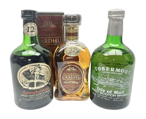 Tobermory Isle of Mull, malt Scotch whisky, Bunnahabhain 12 year old, single malt Scotch whisky and Cardhu 12 year old Scotch
