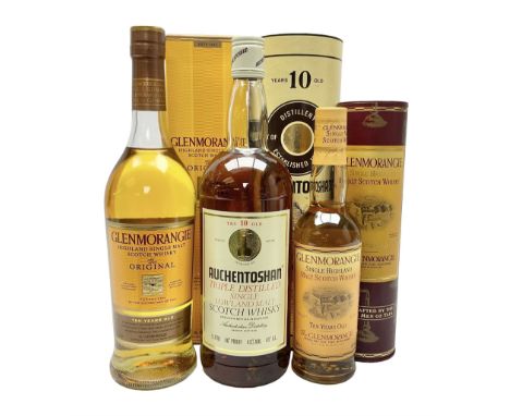 Glenmorangie 10 years old, the original single malt Scotch whisky, Auchentoshan 10 years old single malt Scotch whisky and Gl