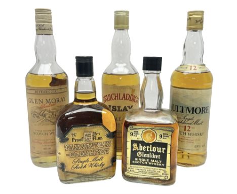 Five Single Malt Scotch Whiskys, including Aberlour Glenlivet 9 year old, Tamnavulin Glenlivet, Bruichladdich etc, various co