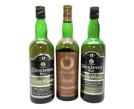 John Haig and Co Ltd of Markinch, 12 year old, Glenleven malt Scotch whisky 75.7cl, 70% proof, two bottles and Glenforres, 12