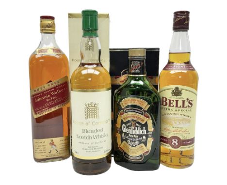 Glenfiddich Special Reserve single malt Scotch whisky, Bells, 8 years old blended Scotch whisky, House of Commons blended Sco