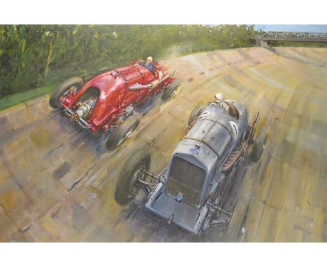 Terence Cuneo OBE RGI (1907 - 1996) "The Spirit of Brooklands" Limited edition print  19/850. Signed in pencil by Mort Morris