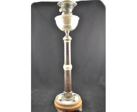 A late 19th century rosewood, ivory and silver plated table lamp, spirit burner with adjusters marked Benson & Co, Bond St, L