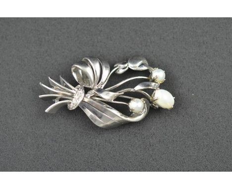 A white metal (tests as white gold) floral spray brooch set with natural opal, two cultured pearls and four diamonds - total 