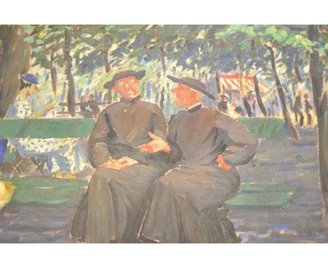 Greville Irwin (1893-1947) - two priests on a park bench - 49x58cm oil on board, signed bottom left, in gilt frame CONDITION 