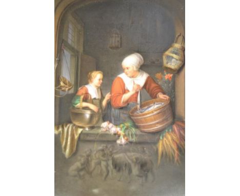 After Gerrit Dou (1613-1675) - The Herring Seller - a KPM, Berlin porcelain plaque, 26x20cm, copied by Franz Xaver Thallmaier