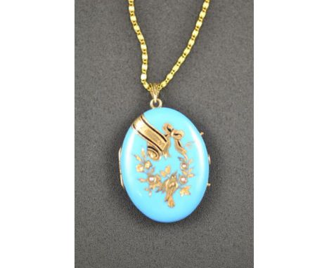 A blue enamel locket inlaid with gold and seed pearls, inscribed 'Ellen' - H 3.5cm, on yellow metal necklace chain. CONDITION
