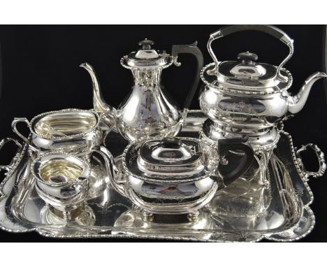 An early 20th century James Dixon & Sons silver plated tea set comprising teapot, coffee pot, sugar basin, milk jug, spirit k