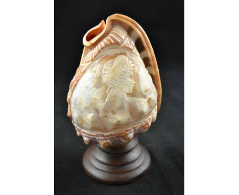 An Italian cameo conch shell, carved with head and shoulders portrait of lady - H11.5cm, now mounted on circular plinth CONDI