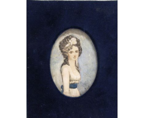 BRITISH SCHOOL (19TH CENTURY)  Portrait miniature of a young lady,  oil on milk glass, unsigned, 11.5cm x 8cm (oval), mounted