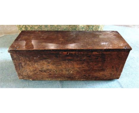 LATE 18TH/EARLY 19TH CENTURY RECTANGULAR COFFER  the front panel with carved decoration, the lid with strap hinges and the in