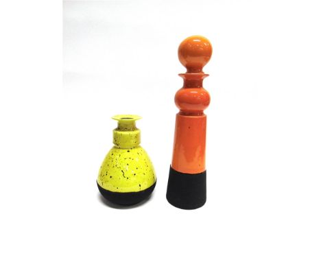 BITOSSI POTTERY: A LARGE CERAMIC DECANTER AND STOPPER  in orange glaze and matt black, 33cm high; and another yellow and blac