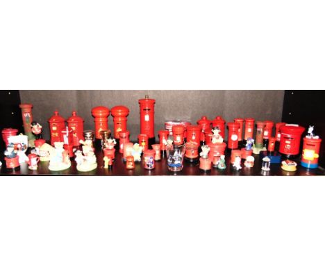 APPROXIMATELY FIFTY-TWO POST BOX NOVELTIES & ORNAMENTS  including salt and pepper sets and miniature clocks, (one shelf).