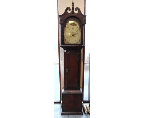 A COUNTRY LONG CASE CLOCK the arched painted enamel dial, with seconds dial and date aperture, the canopy with broken swan ne