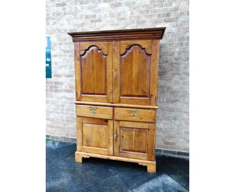 A VICTORIAN PINE CUPBOARD  the upper portion with pair of panelled doors enclosing two shelves, cupboard under and raised on 