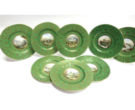 A SET OF EIGHT COPELAND SPODE HAND-PAINTED DINNER PLATES  with pale green and gilt decoration, each centred with famous build