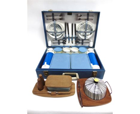 A BREXTON FITTED PICNIC SET  and two teak and ceramic cheese dishes