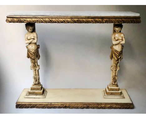 ITALIAN CONSOLE TABLE, parcel gilt with rectangular grey veined marble top and twin caryatid modelled supports, 114cm x 27cm 