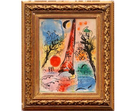 MARC CHAGALL 'Eifel Tower', 1960, original lithograph, ref:287, printed by Mourlot, 32cm x 25cm, framed and glazed.