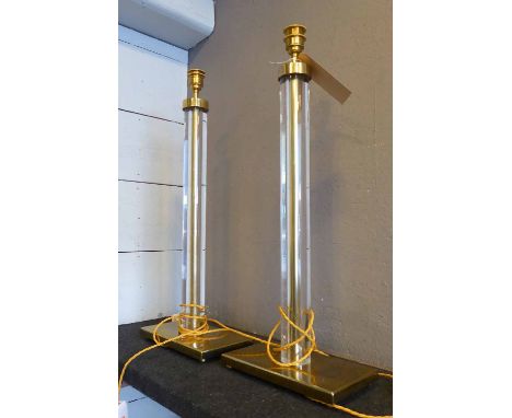 TABLE LAMPS, a pair, vintage perspex columns on brass rectangular base, each 72cm H.