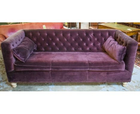 SOFA, contemporary buttoned burgundy velvet, with seat cushion and turned supports, 208cm W.