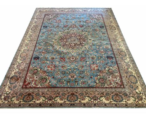 VERY FINE PERSIAN TABRIZ CARPET, 375cm x 295cm, central medallion on a palmette and vine field within corresponding spandrels